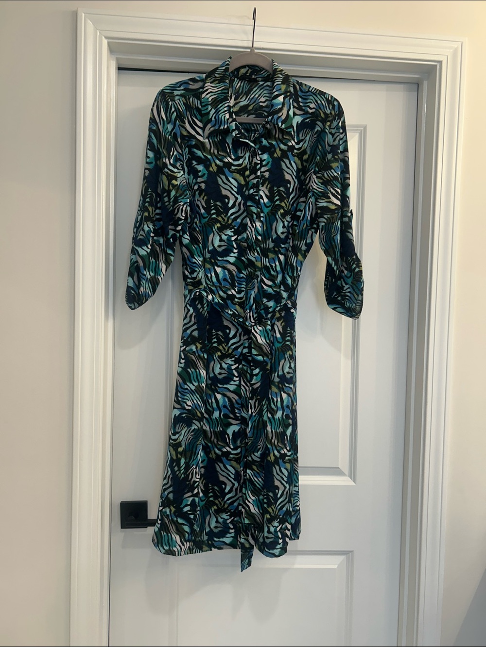 Tacera Blue & Green Abstract Print Dress with matching belt